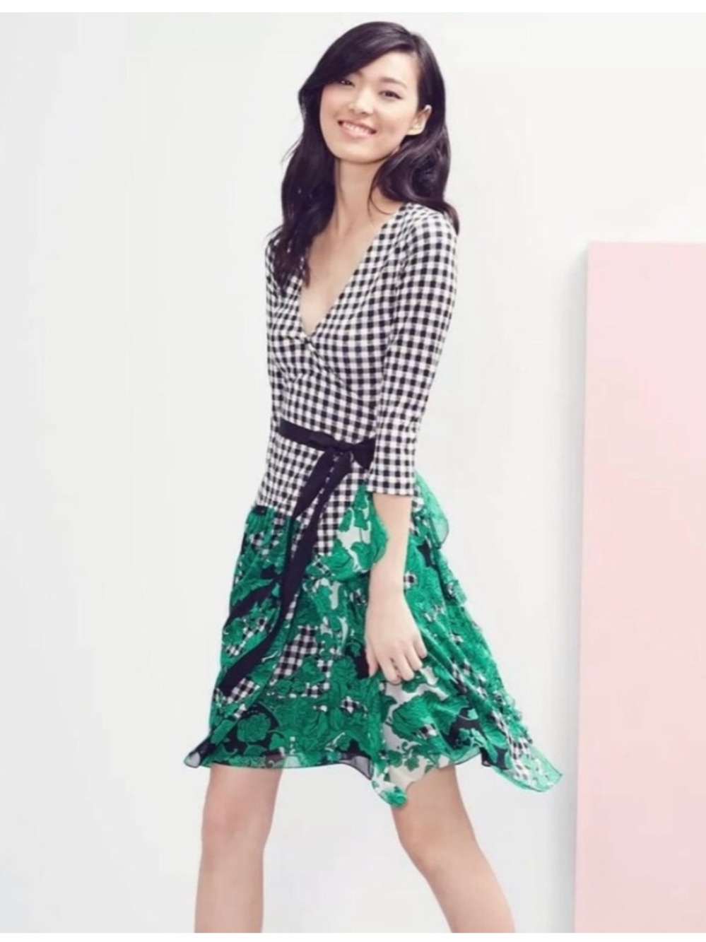 Diane Von Furstenberg Riviera Wrap Dress blank and white gingham print floral 8